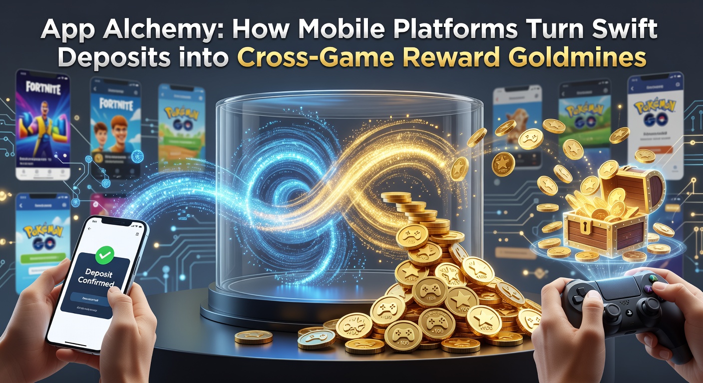 Screenshot of a mobile casino app showing a swift deposit triggering multi-game bonuses, with icons for slots, live tables, and sports bets glowing in reward chains