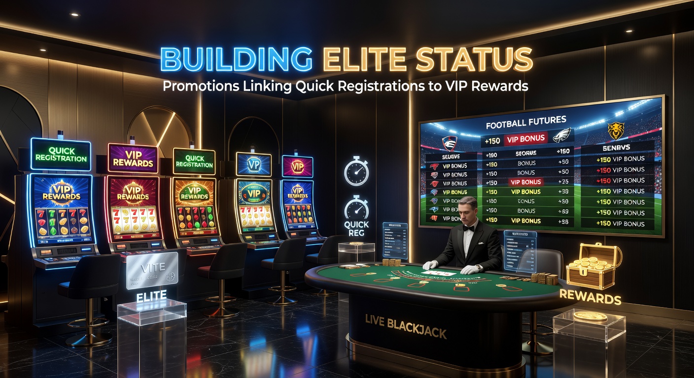 Screenshot of a quick registration form transitioning to VIP rewards dashboard featuring slots icons, blackjack tables, and football futures odds