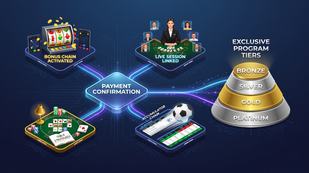 Infographic showing payment confirmation pathways linking mobile slots, live dealer sessions, table games, and sports accumulators to VIP tiers