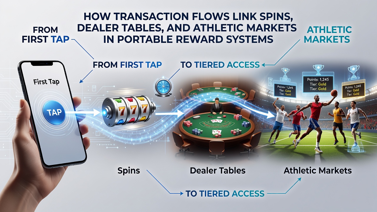 Mobile transaction flow diagram showing deposits linking slots, live dealer tables, and sports betting markets in reward systems