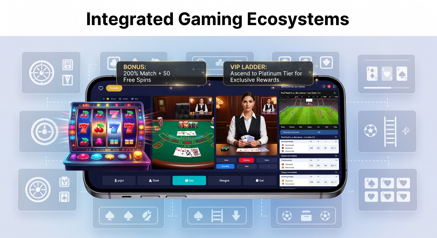 Smartphone screen displaying an integrated mobile gaming app with slots, live dealer blackjack, sports betting odds, and VIP status bar glowing in neon lights
