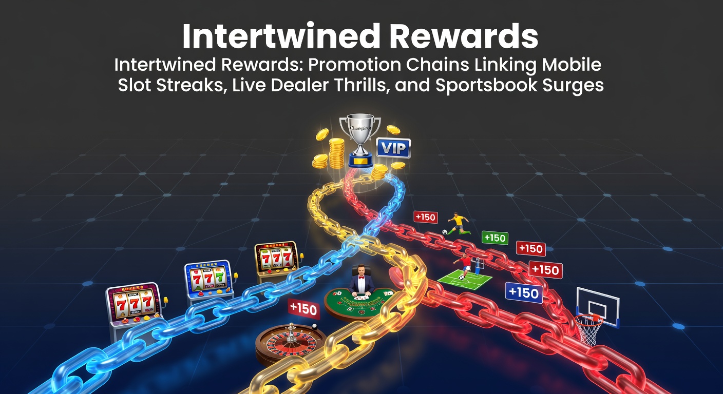 Vibrant digital graphic showing interconnected chains linking slot reels, live dealer tables, and sportsbook odds boards, symbolizing unified promotions