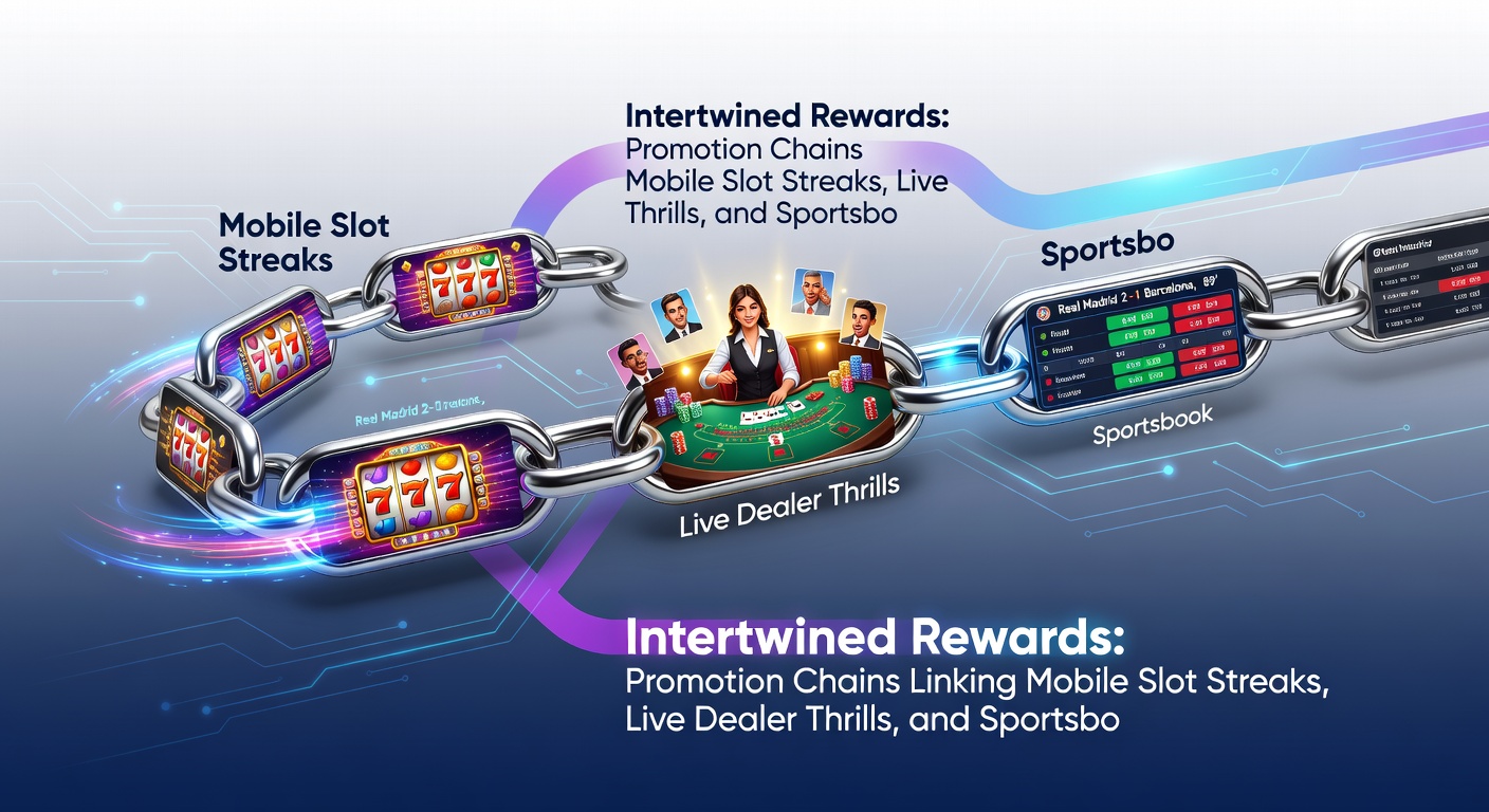 Dynamic screenshot collage of a mobile app dashboard displaying linked promotions: slot streak meter feeding into live dealer bonuses and sportsbook odds enhancers