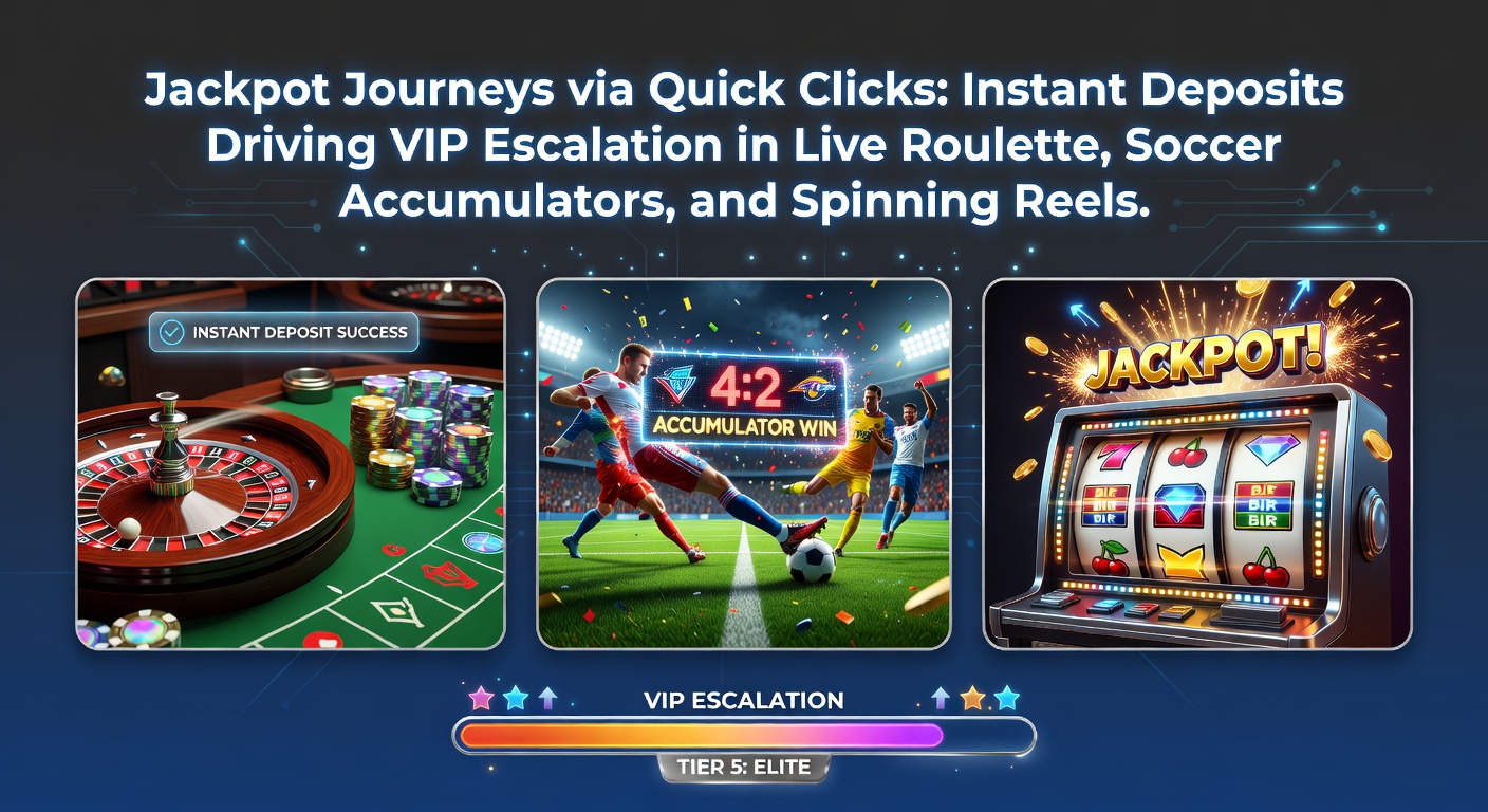Vibrant digital graphic showing a lightning-fast deposit button transforming into a soaring rocket toward VIP jackpot tiers amid roulette wheels, soccer balls, and spinning slot reels