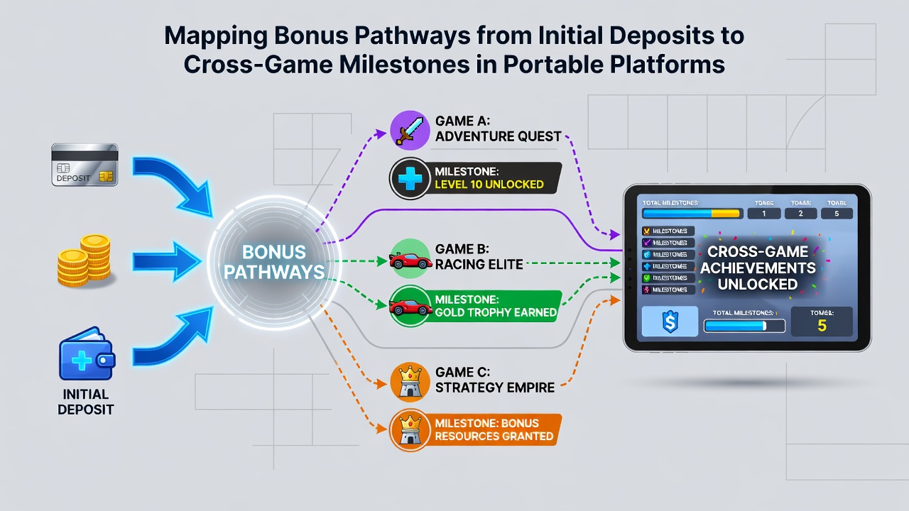 Infographic showing interconnected bonus pathways across slots, tables, live dealers, and sports on mobile screens