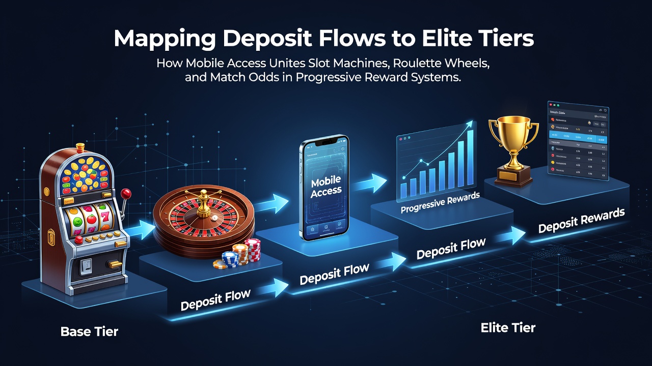 Mobile interface showing deposit flows connecting slots, roulette, and sports betting rewards