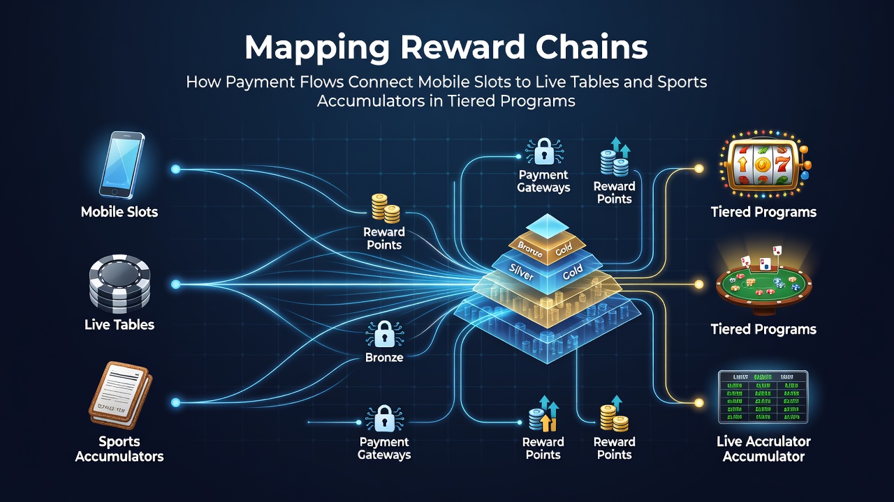 Diagram showing payment flows connecting mobile slots to live tables and sports betting in reward programs