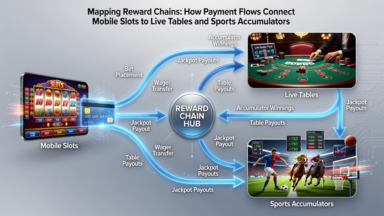 Illustration of tiered reward progression linking live tables and sports accumulators