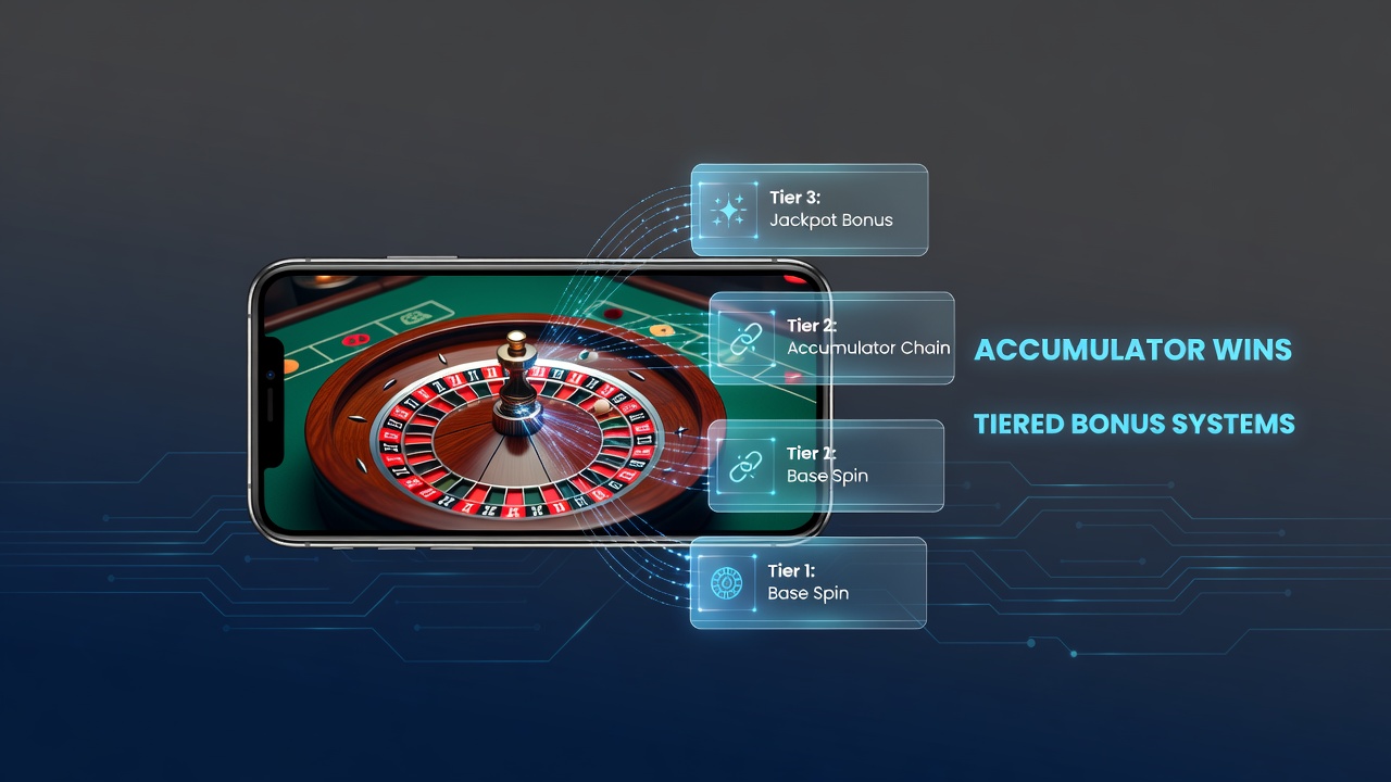 Mobile interface showing live roulette wheel connected to accumulator bet tracker with bonus tier indicators
