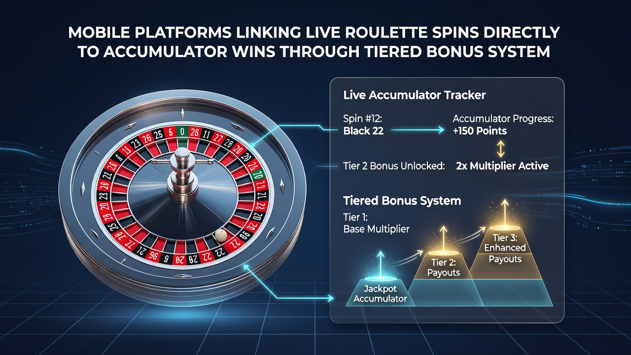 Dashboard view of accumulator bet with live roulette spin history feeding into tiered bonus progress bar