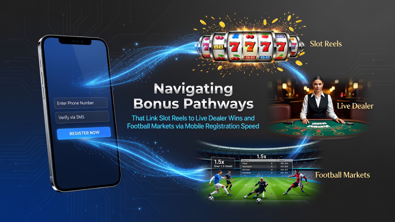 Mobile registration interface showing quick sign-up flow connecting slot games, live dealer tables, and football betting markets