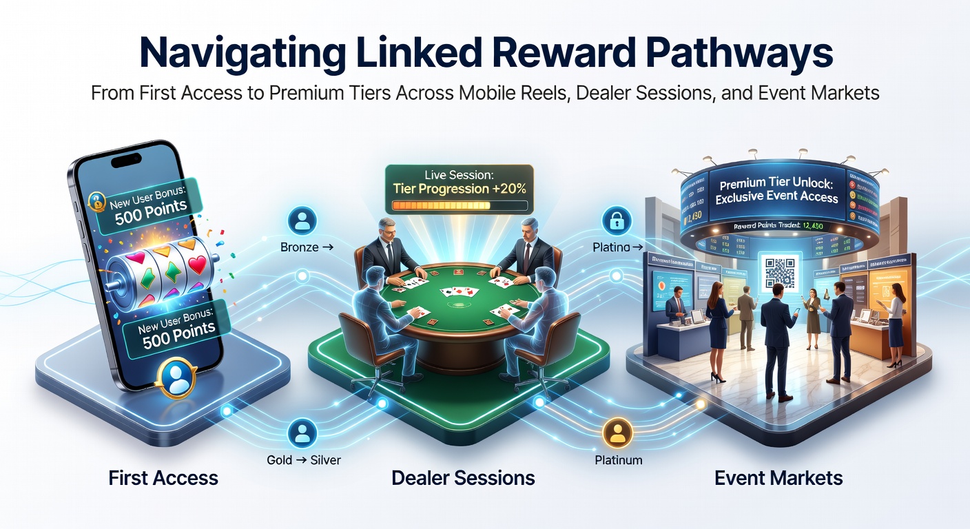 Mobile app screen displaying interconnected reward pathways across slots, live tables, and sports markets