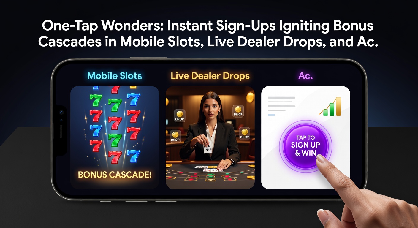 Smartphone screen showing a one-tap sign-up process triggering cascading slot bonuses, live dealer drops, and sports accumulator notifications in a vibrant mobile casino app