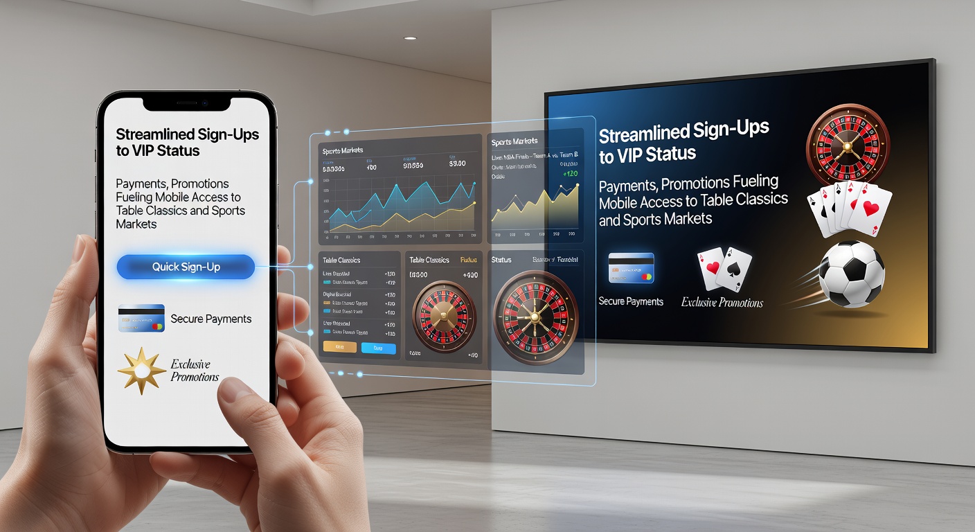 Mobile app displaying quick sign-up form with payment options and VIP tier previews alongside roulette and NFL betting odds