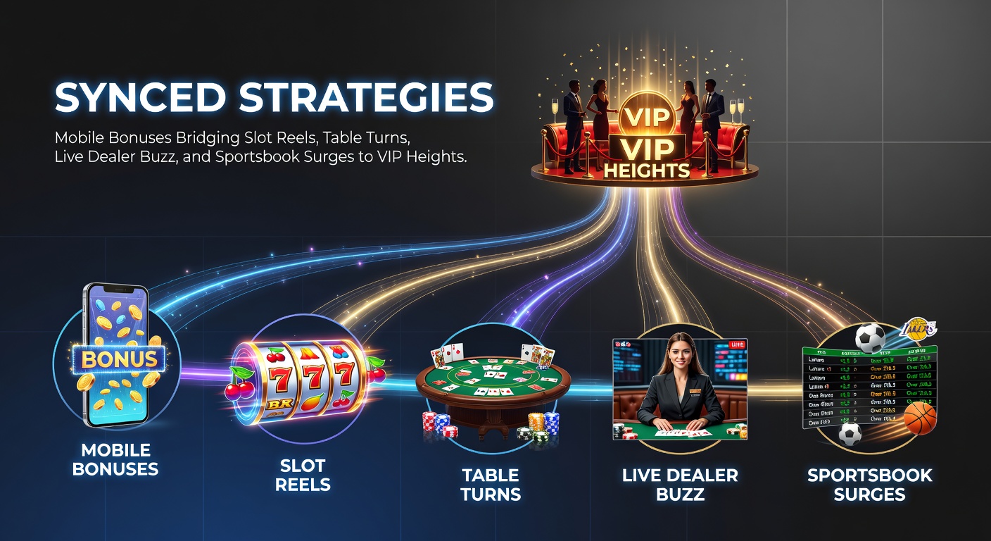 Vibrant mobile screen displaying synced bonuses across slot reels, blackjack tables, live roulette dealers, and sportsbook odds, illustrating seamless VIP progression