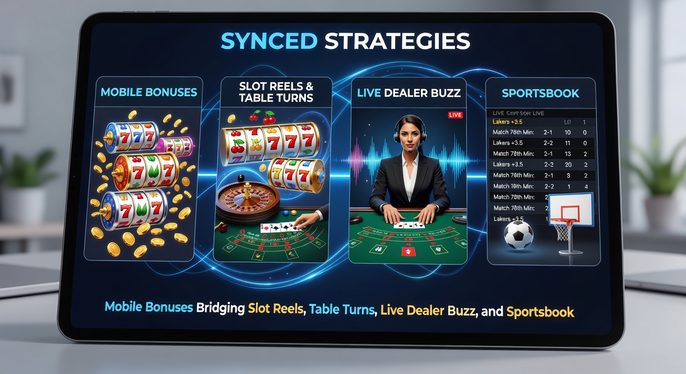Dynamic infographic of VIP ladder climbing through interconnected icons of slot machines, card tables, live camera streams, and sports event graphics, highlighting bonus sync points