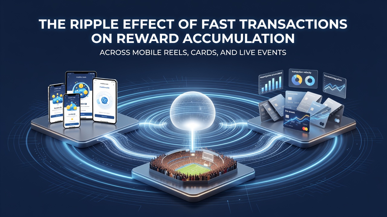 Illustration showing fast transaction flows connecting mobile reels, card tables, and live events with reward accumulation pathways