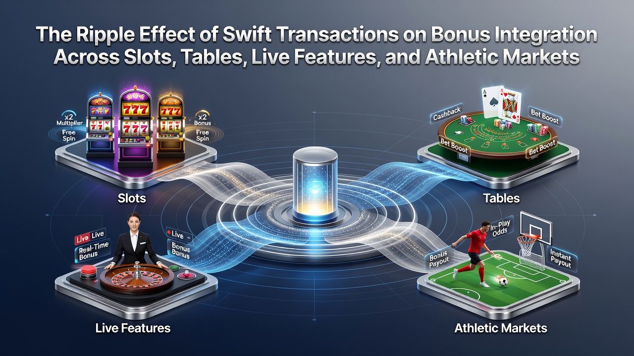 Illustration of instant transaction flows connecting slots, tables, live dealer rooms, and sports markets through integrated bonus systems