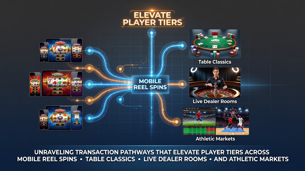 Visual representation of transaction pathways connecting mobile slots, table classics, live dealer rooms, and sports markets to elevated player tiers